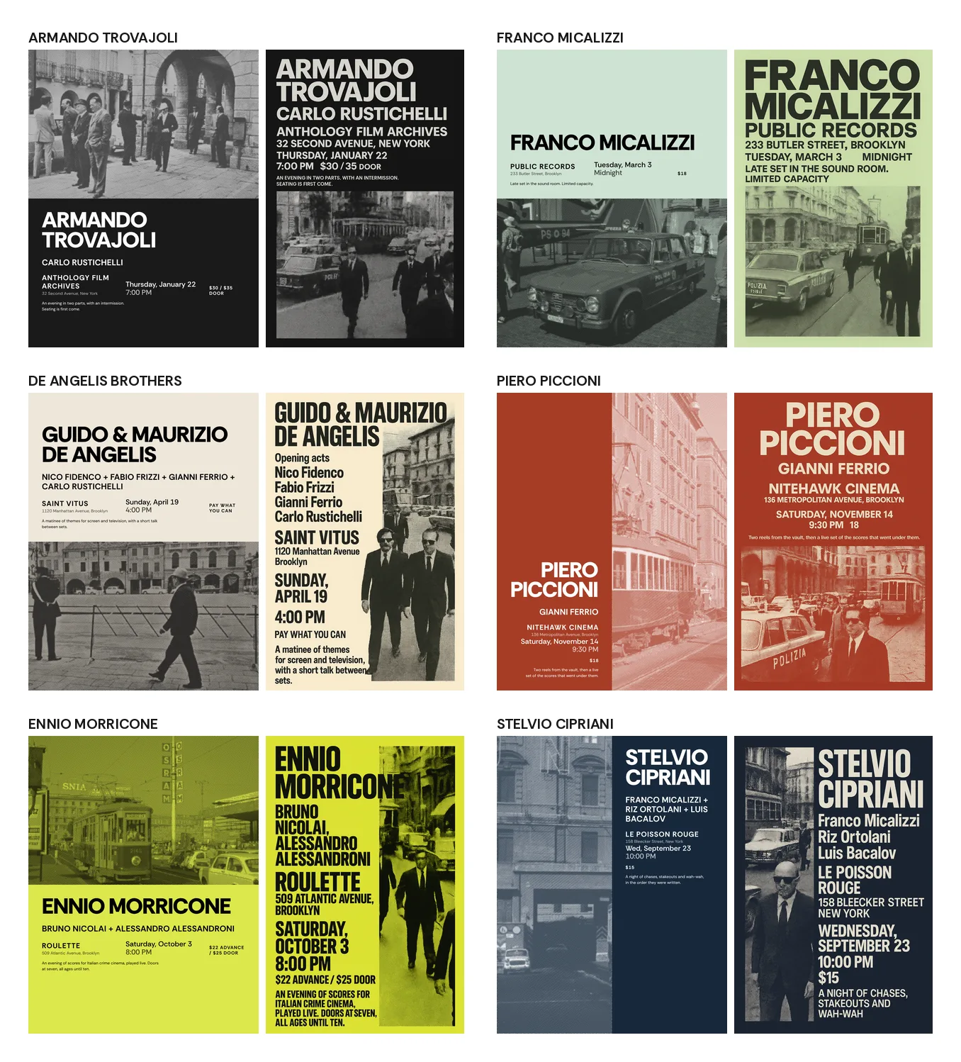 Six concert flyers in two versions each, the generated SVG beside the image model's attempt at the same show