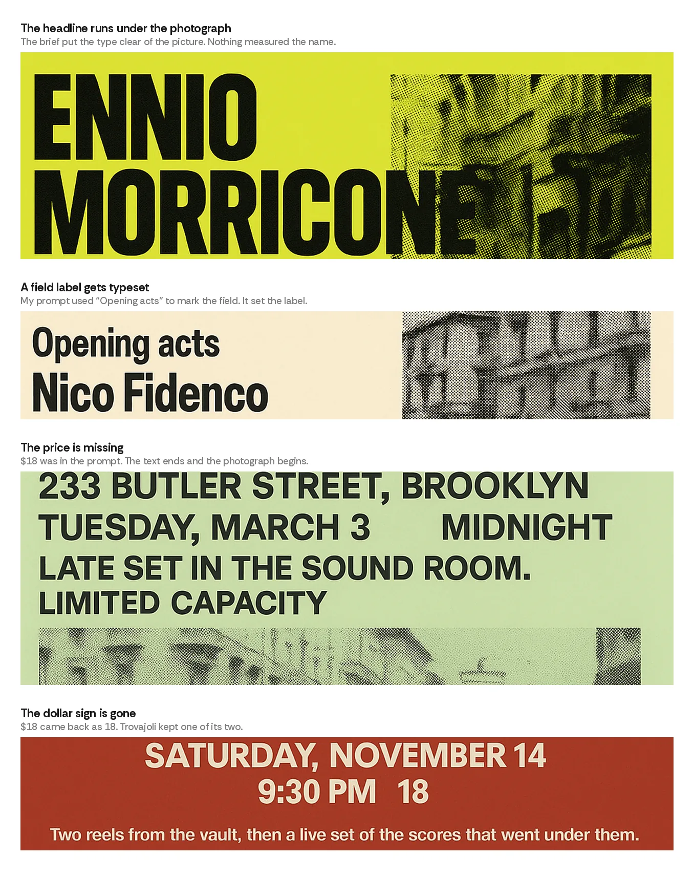 Four crops from the generated flyers showing a headline colliding with a photograph, a field label set as type, a missing price and a dropped dollar sign