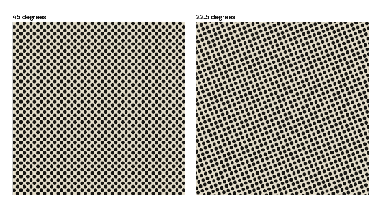 A flat tint screened at 45 degrees beside the same tint at 22.5 degrees, the first falling into straight rows and the second into diagonals