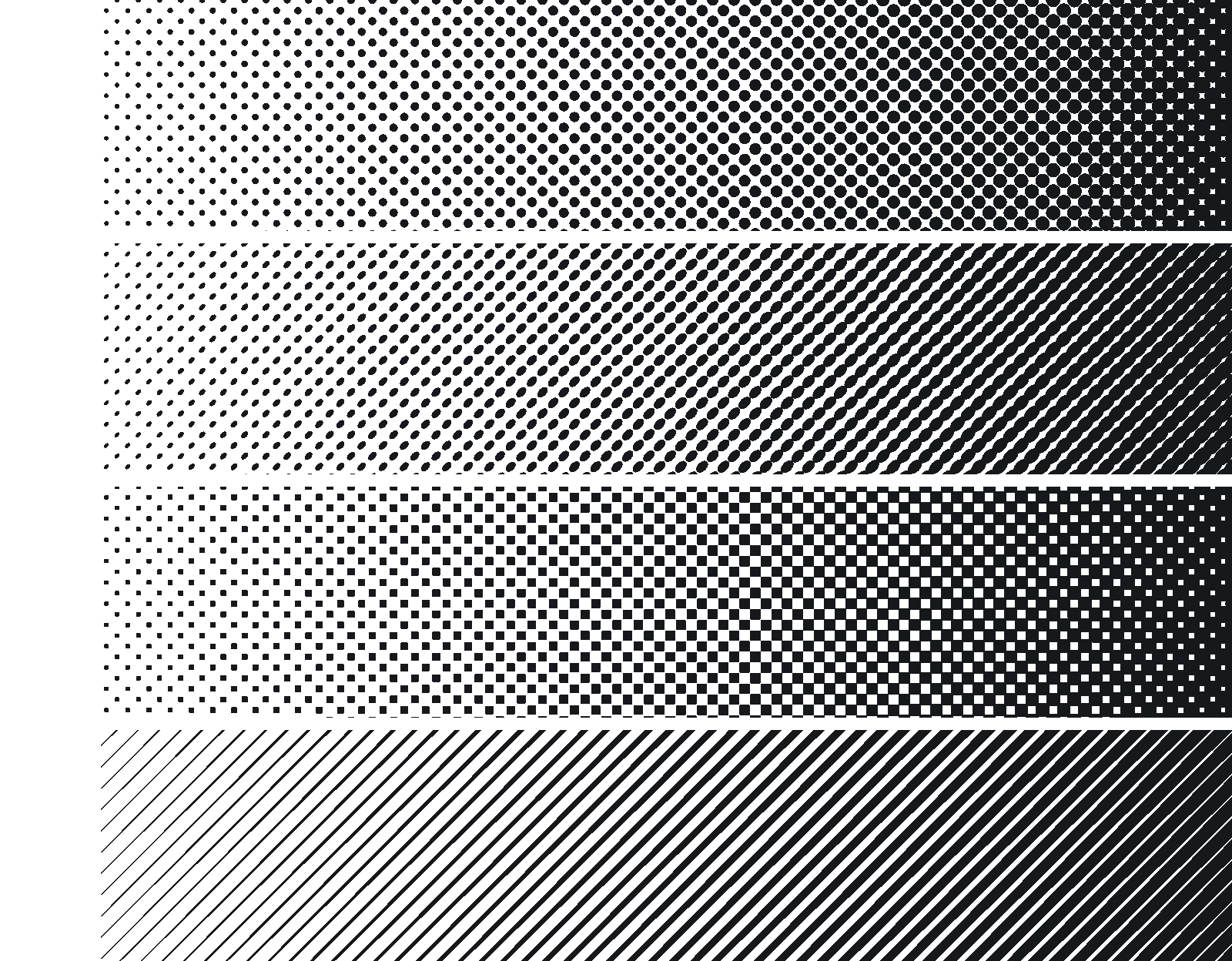 One tone ramp printed four times, with round, elliptical, square and line dots
