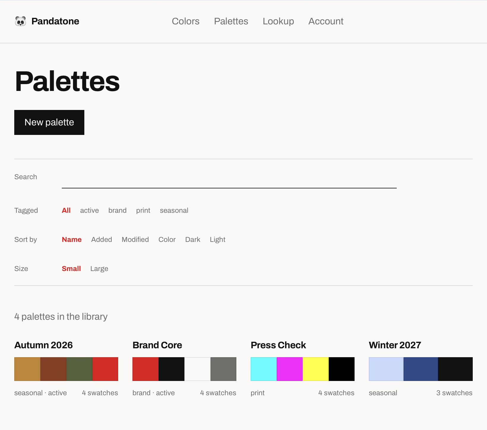 The Pandatone palettes index: four palettes shown as strips of swatches, above a filter bar for search, tags, sort and card size.