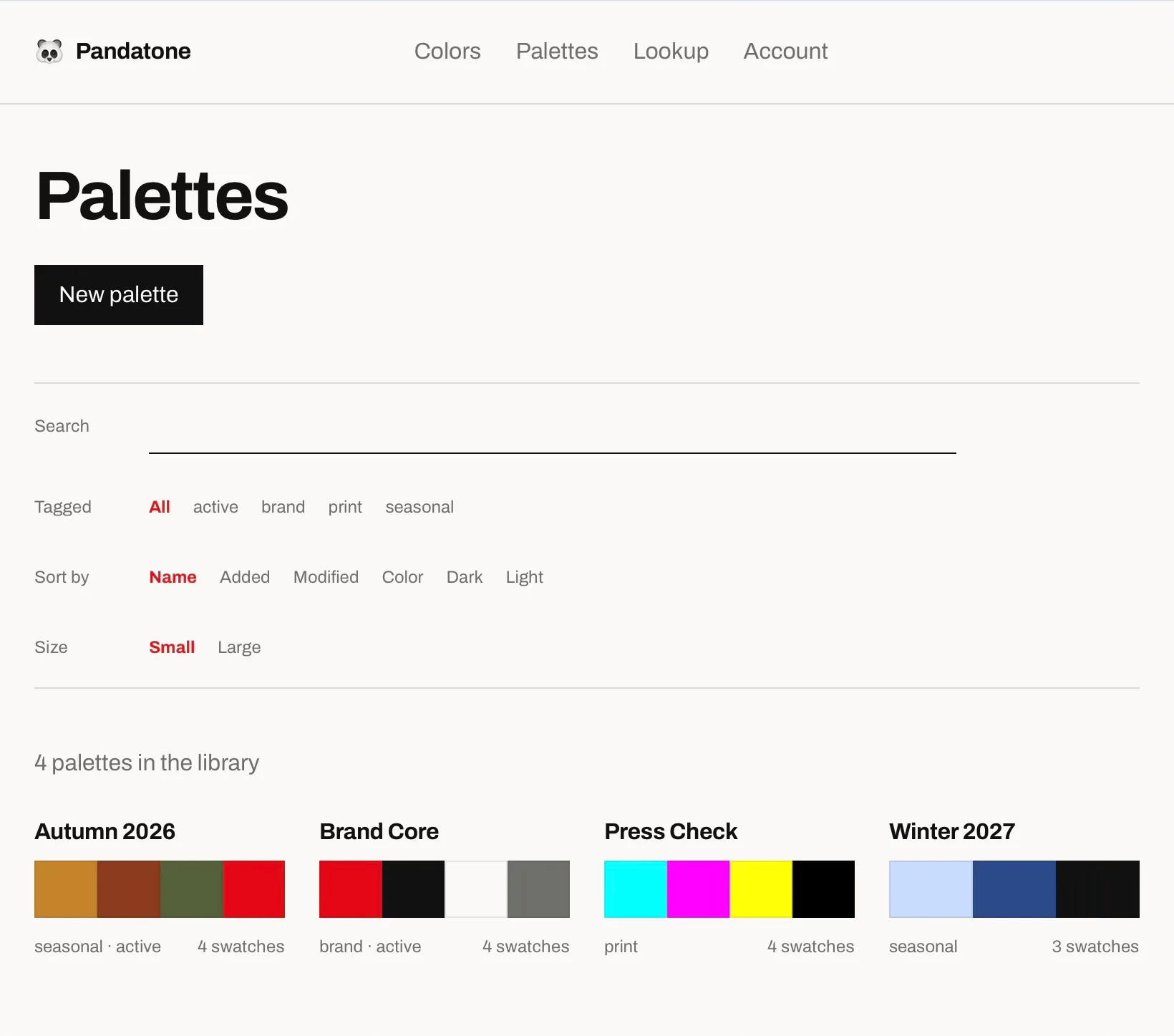 The Pandatone palettes index: four palettes shown as strips of swatches, above a filter bar for search, tags, sort and card size.